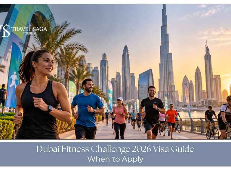 Visitors preparing travel documents for a trip to Dubai during the annual fitness challenge.