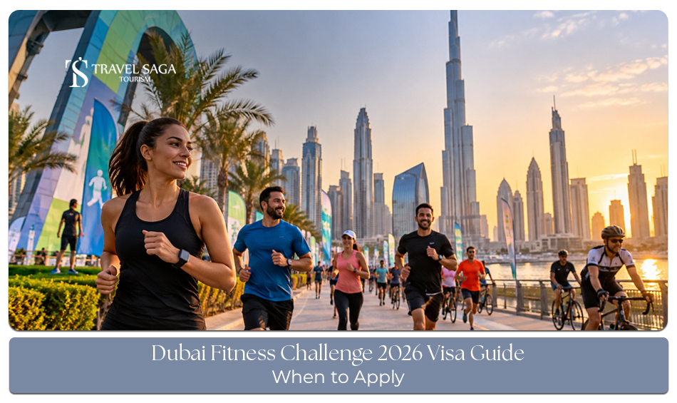 Visitors preparing travel documents for a trip to Dubai during the annual fitness challenge.