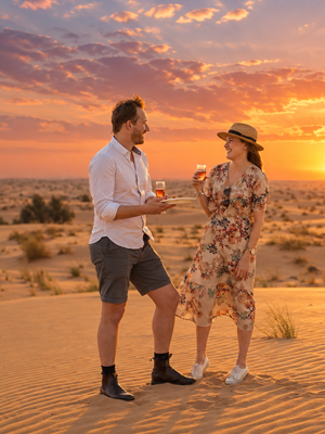 Evening desert safari in Dubai featuring golden sand dunes, sunset views and adventure activities