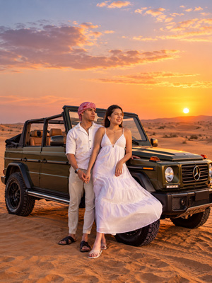 Couple enjoying a romantic desert experience in Dubai with golden sand dunes and sunset views