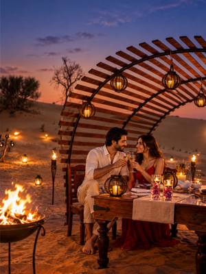 Couple enjoying a romantic dining experience in Dubai with elegant table settings and scenic views