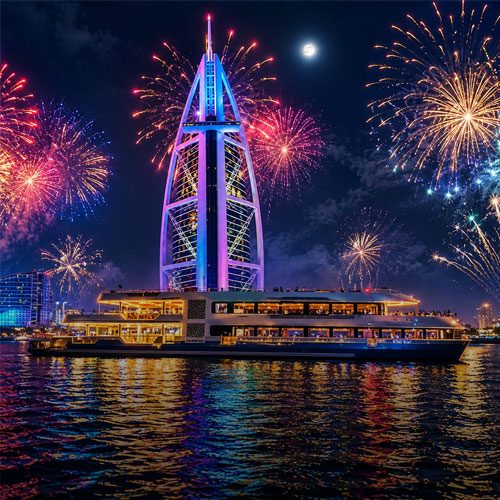 Dubai New Year Party with fireworks, luxury yacht celebrations and Dubai skyline views