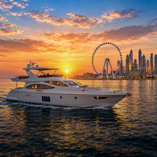 Yacht in Dubai cruising along the Arabian Gulf coastline